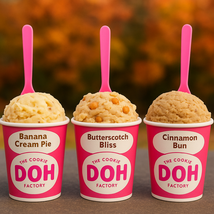 fall favourite edible cookie dough from the cookie doh factory: banana cream pit, butterscotch bliss and cinnamon bun.